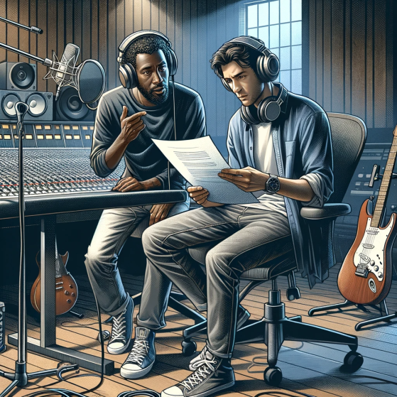 an illustration showing two musicians pausing their studio session to review paperwork, emphasizing the business side of music. The scene shoul